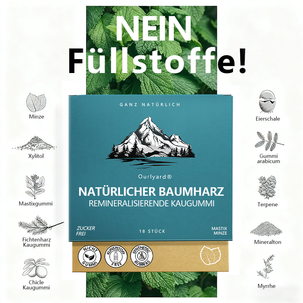 ✅ Hergestellt und versendet aus Deutschland | Ourlyard® Natürlicher Baumharz-Remineralisierungskaugummi – Zuckerfreier Xylit-Kaugummi mit Hydroxylapatit 🍀